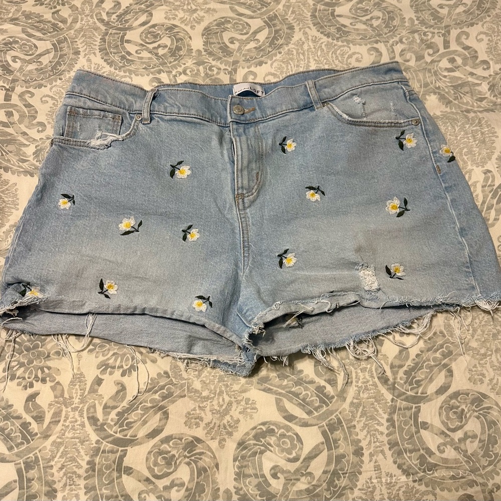 LOFT Light Blue Embroidered Daisy Jean Shorts